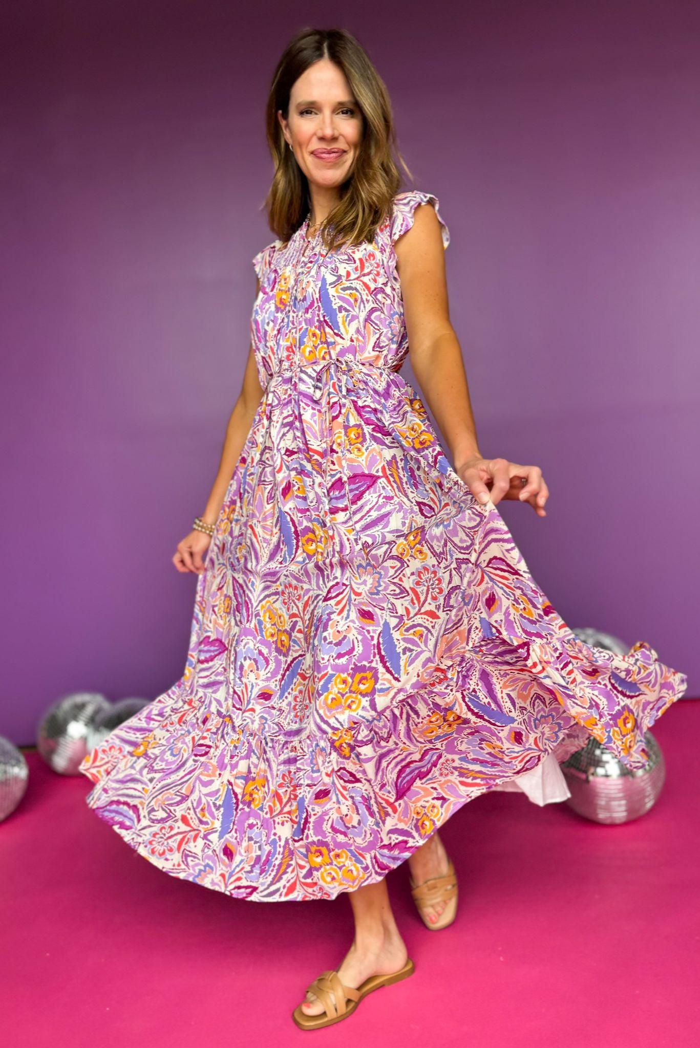 Lavender Multi Abstract Floral Print Smocked Yoke Tie Waist Maxi Dress, dress, maxi dress, floral maxi dress, floral maxi dress, lavender floral maxi dress, smoked yoke maxi dress, must have maxi dress, elevated maxi dress, elevated style, summer maxi dress, summer style, Shop Style Your Senses by Mallory Fitzsimmons, SSYS by Mallory Fitzsimmons
