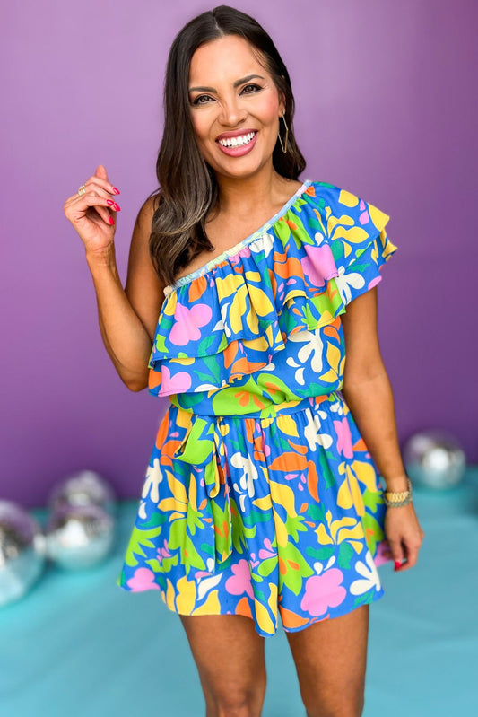 Blue Multi Print One Shoulder Double Flounce Elastic Tie Waist Romper, printed romper, tropical romper, must have romper, must have style, summer style, spring fashion, elevated style, elevated romper, mom style, shop style your senses by mallory fitzsimmons, ssys by mallory fitzsimmons