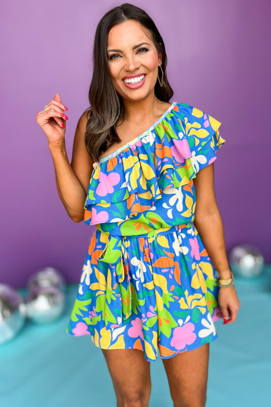  Blue Multi Print One Shoulder Double Flounce Elastic Tie Waist Romper, printed romper, tropical romper, must have romper, must have style, summer style, spring fashion, elevated style, elevated romper, mom style, shop style your senses by mallory fitzsimmons, ssys by mallory fitzsimmons