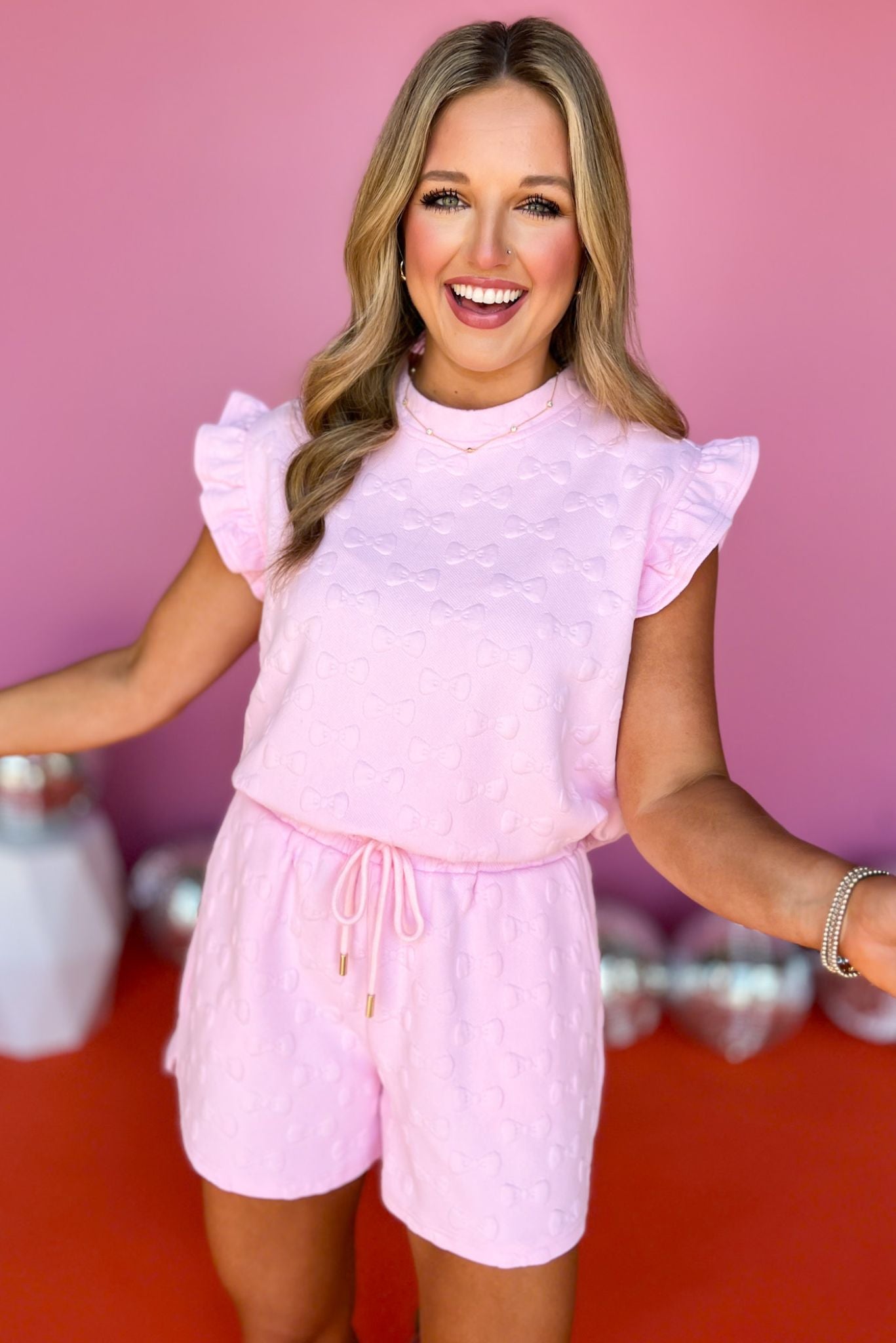 SSYS The Charlie Bow Quilted Ruffle Shoulder Shorts Set In Pink *FINAL SALE*, SSYS THE LABEL, SSYS BOW SETS, MATCHING SET, SATURDAY STEAL, MUST HAVE SET, ELEVATED SET, SUMMER SET, SSYS BY MALLORY FITZSIMMONS