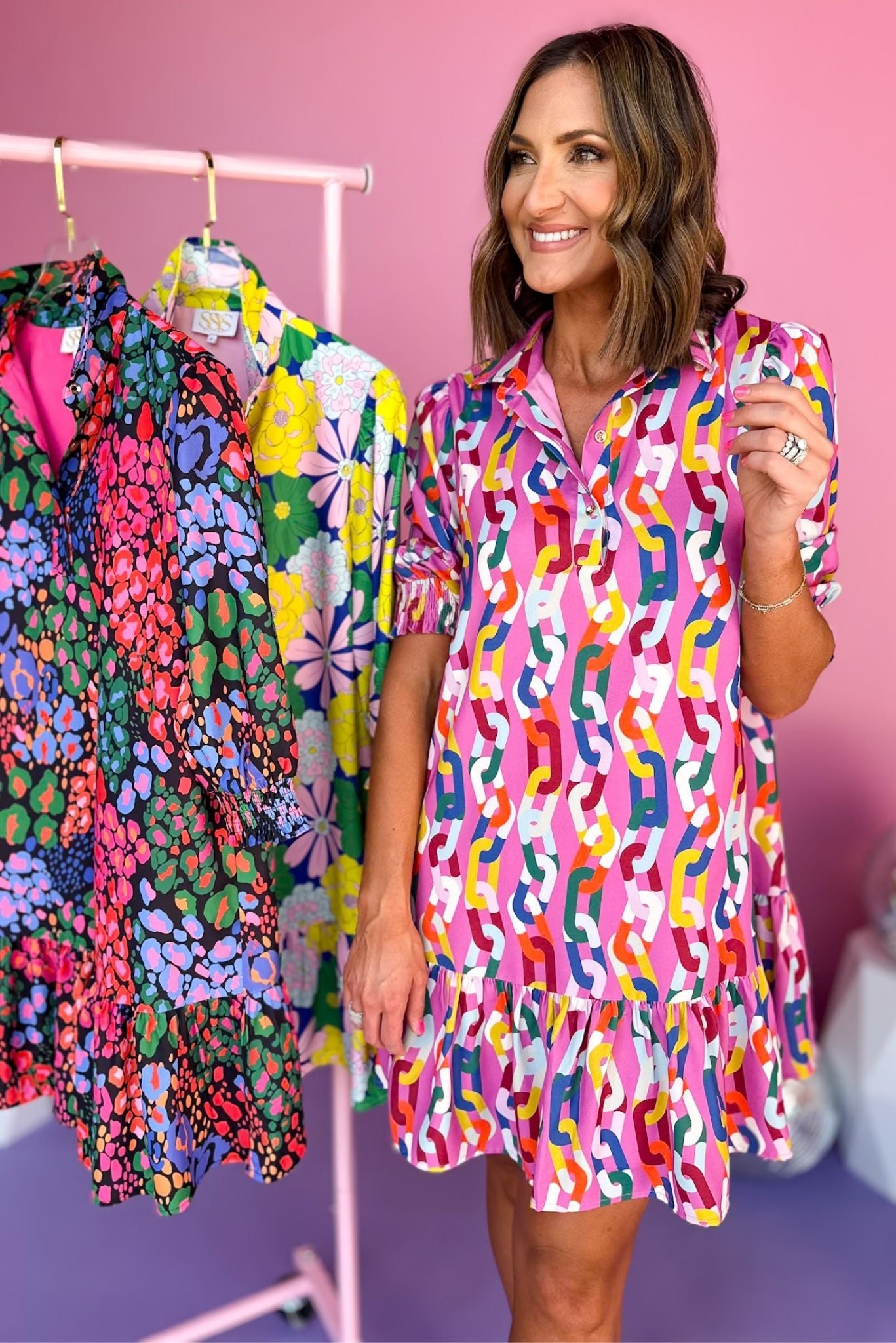 SSYS The Phoebe Smocked Long Sleeve Dress In Magenta Chain, ssys the label, printed dress, must have dress, spring fashion, elevated dress, elevated spring, church style, brunch style, mom style, custom dress, shop style your senses by mallory fitzsimmons, ssys by mallory fitzsimmons
