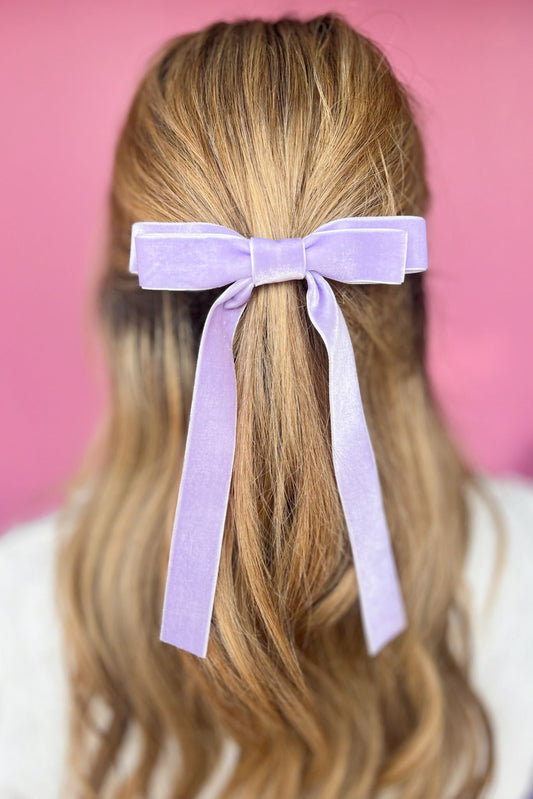 Lavender Double Velvet Long Tail Bow, accessory, hair accessory, bow, velvet bow, elevated bow, shop style your senses by mallory fitzsimmons, ssys by mallory fitzsimmons