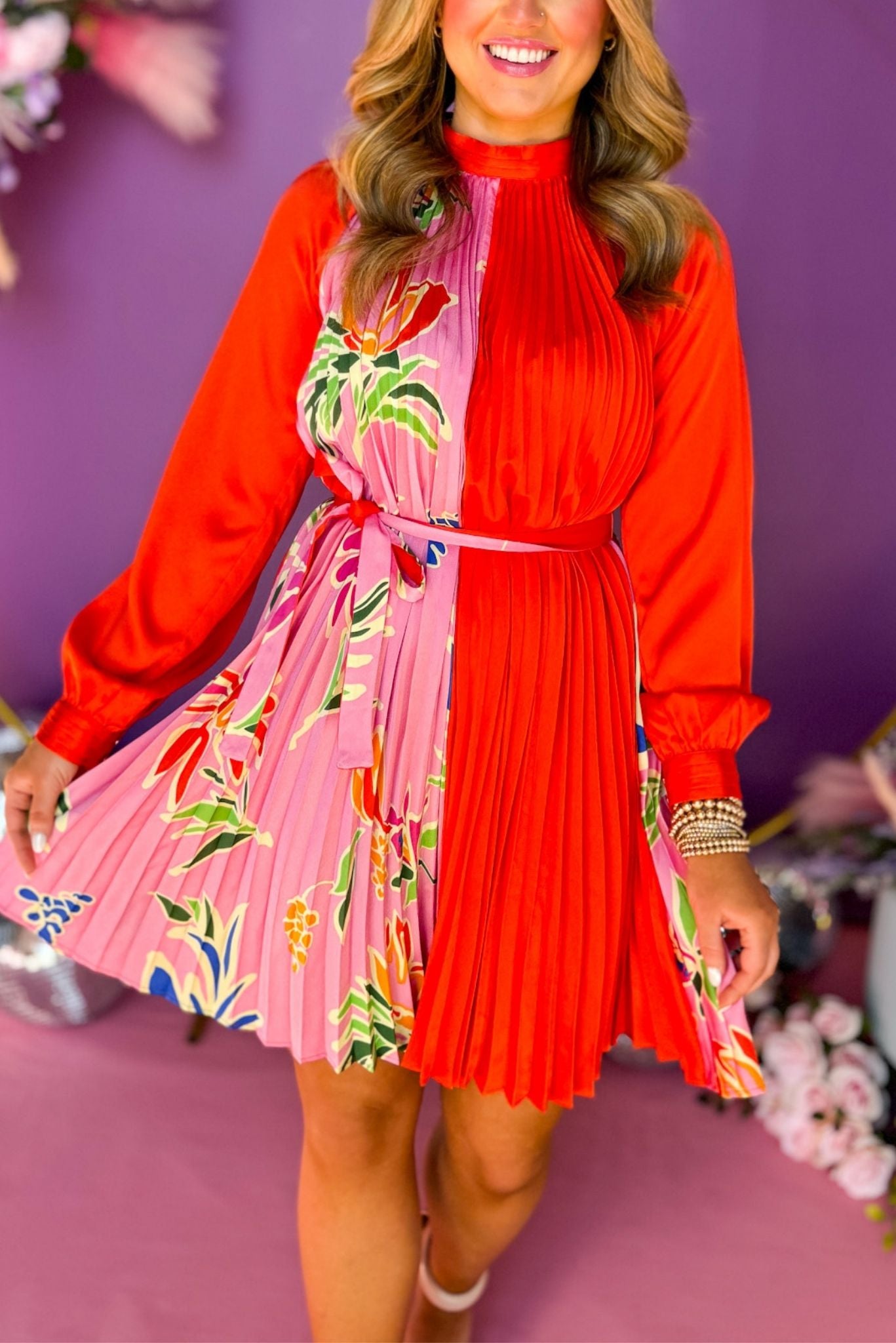 Red Pink Contrast Print Pleated Tie Waist Dress, floral dress, spring dress, must have dress, elevated dress, church style, brunch dress, spring wedding dress, mom style, spring fashion, shop style your senses by mallory fitzsimmons