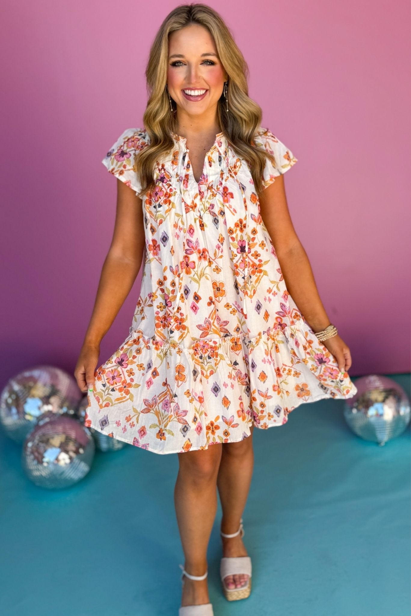 Cream Multi Floral Pintuck Detail Yoke Flutter Sleeve Ruffle Dress, printed dress, tie dress, must have dress, must have style, weekend style, brunch style, spring fashion, elevated style, elevated style, mom style, shop style your senses by mallory fitzsimmons, ssys by mallory fitzsimmons Edit alt text