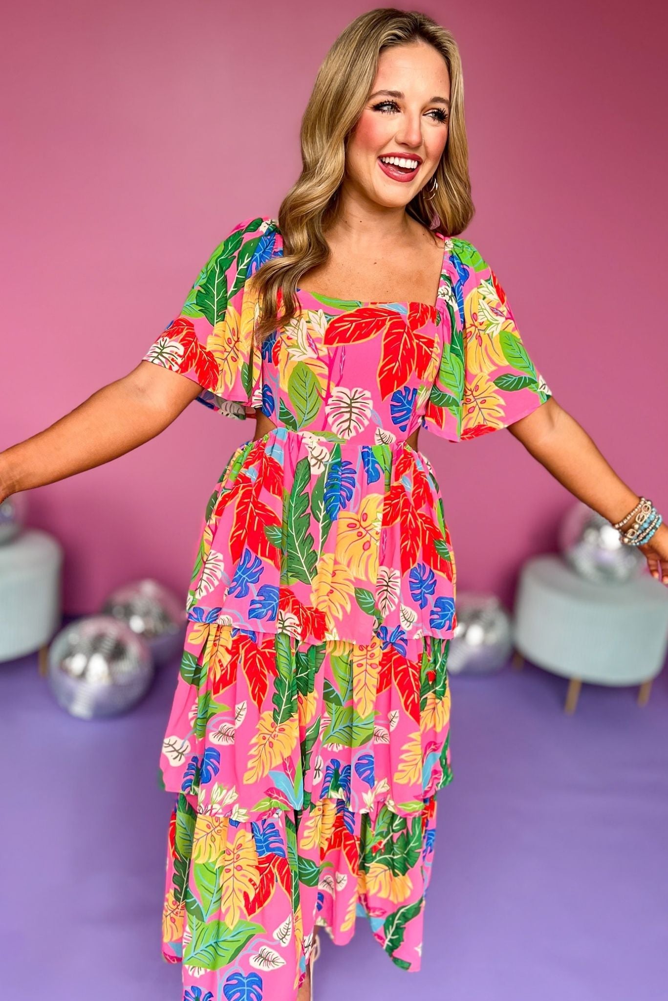 Pink Multi Floral Square Neck Side Cut Out Tiered Midi Dress, printed dress, tropical dress, must have dress, must have style, weekend style, brunch style, spring fashion, elevated style, elevated style, mom style, shop style your senses by mallory fitzsimmons, ssys by mallory fitzsimmons