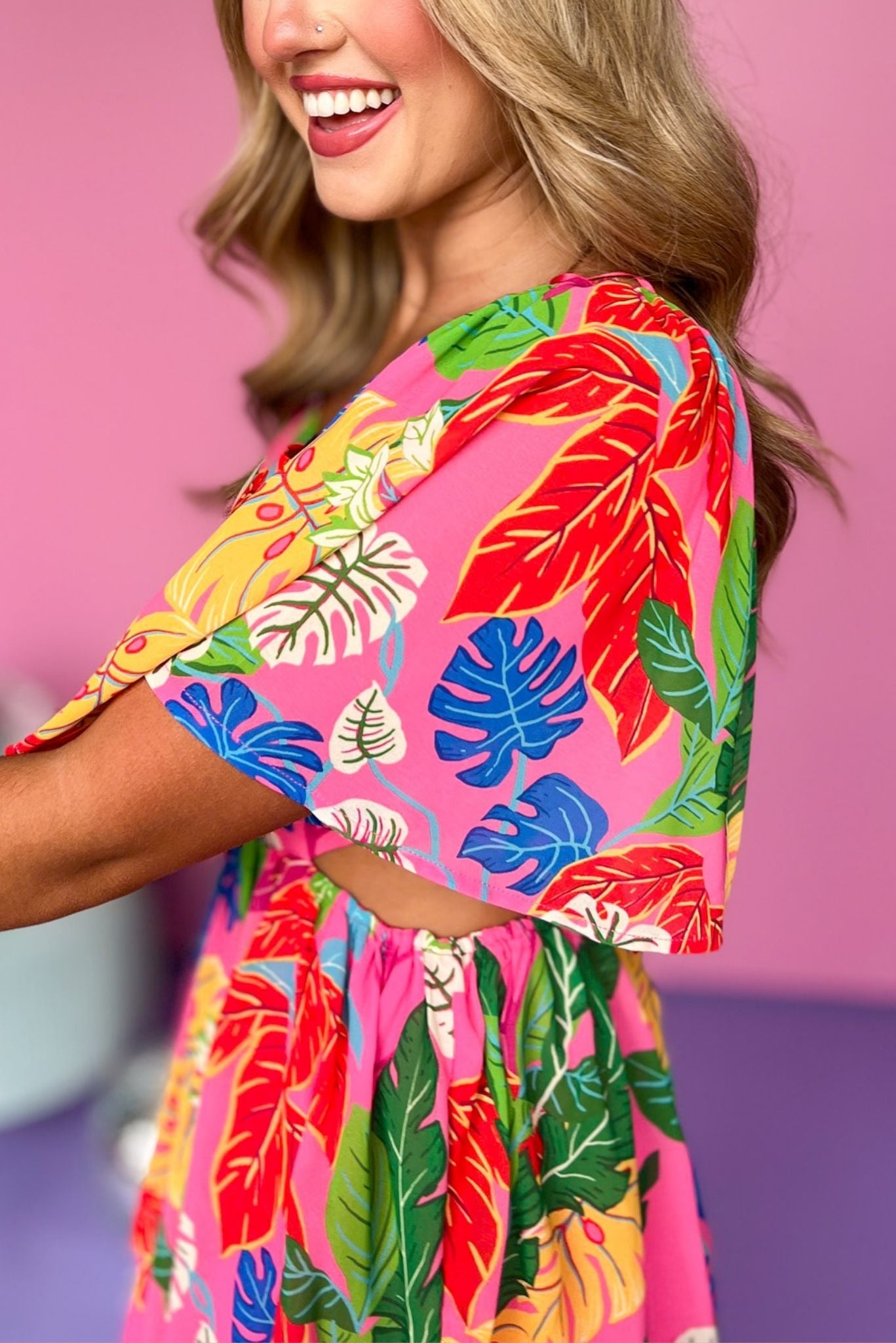 Pink Multi Floral Square Neck Side Cut Out Tiered Midi Dress, printed dress, tropical dress, must have dress, must have style, weekend style, brunch style, spring fashion, elevated style, elevated style, mom style, shop style your senses by mallory fitzsimmons, ssys by mallory fitzsimmons