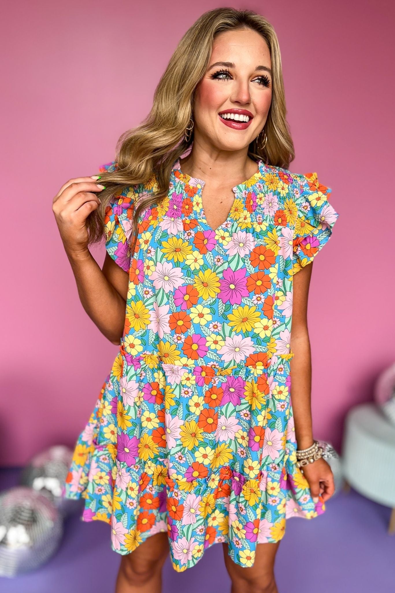 Aqua Floral Printed Smocked V Neck Flutter Sleeve Dress, floral dress, spring dress, must have dress, must have style, church style, brunch style, spring fashion, elevated style, elevated style, mom style, shop style your senses by mallory fitzsimmons, ssys by mallory fitzsimmons