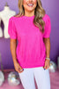 Pink Round Neck Gathered Banded Cuff Short Sleeve Top, bright pink top, casual top, must have top, must have style, brunch style, summer style, spring fashion, elevated style, elevated top, mom style, shop style your senses by mallory fitzsimmons, ssys by mallory fitzsimmons