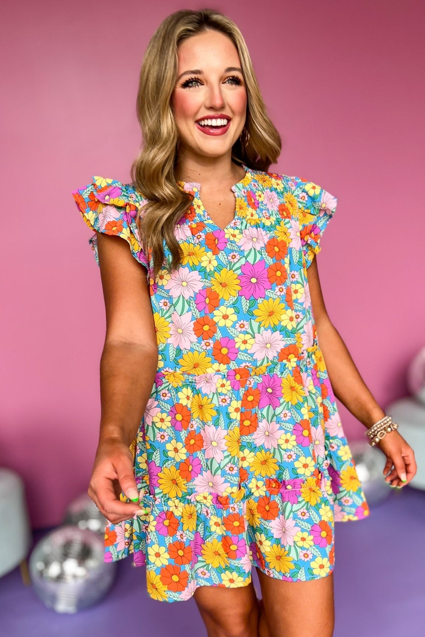Aqua Floral Printed Smocked V Neck Flutter Sleeve Dress, floral dress, spring dress, must have dress, must have style, church style, brunch style, spring fashion, elevated style, elevated style, mom style, shop style your senses by mallory fitzsimmons, ssys by mallory fitzsimmons Edit alt text