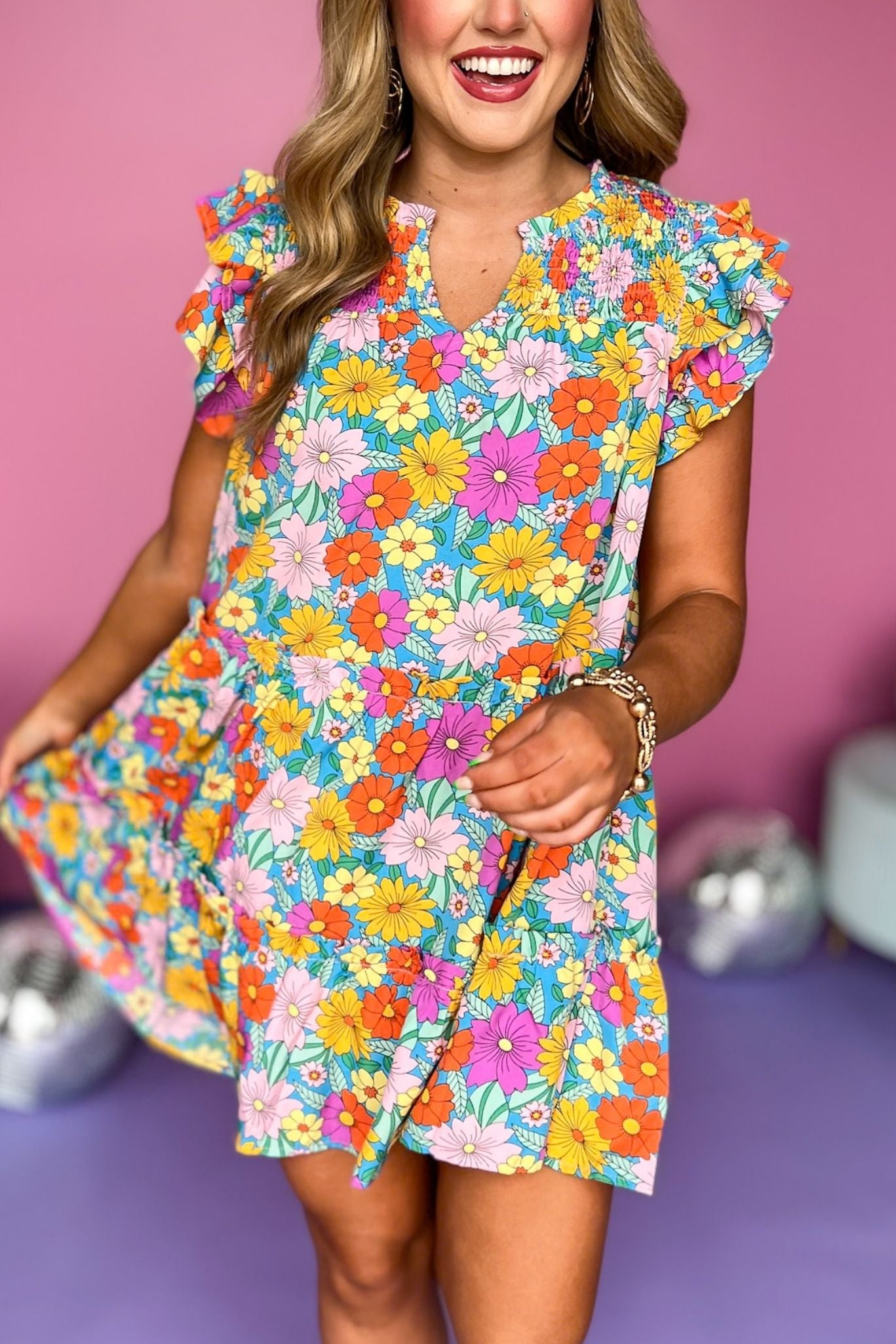 Aqua Floral Printed Smocked V Neck Flutter Sleeve Dress, floral dress, spring dress, must have dress, must have style, church style, brunch style, spring fashion, elevated style, elevated style, mom style, shop style your senses by mallory fitzsimmons, ssys by mallory fitzsimmons Edit alt text