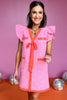 Pink V Neck Ruffle Sleeve Contrast Ribbon Detailed Tweed Dress. classy dress, tweed dress, must have dress, must have style, weekend style, brunch style, spring fashion, elevated style, elevated style, mom style, shop style your senses by mallory fitzsimmons, ssys by mallory fitzsimmons