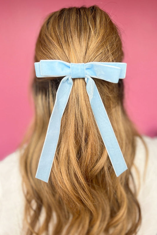  Blue Double Velvet Long Tail Bow, accessory, bow, velvet bow, trendy bow, spring bow, elevated hair accessory, shop style your senses by mallory fitzsimmons, ssys by mallory fitzsimmons