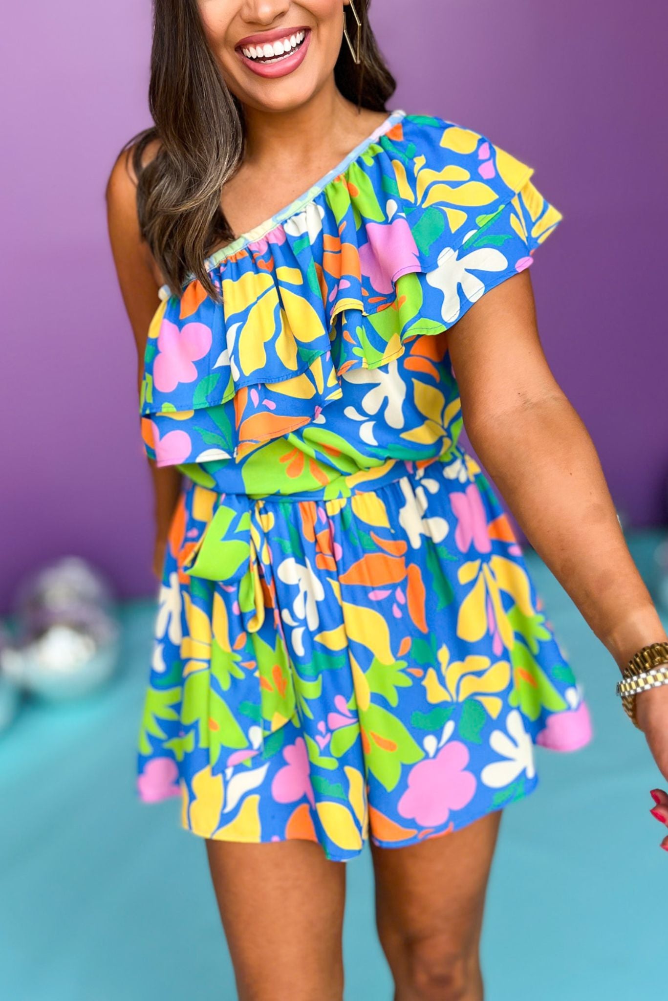 Blue Multi Print One Shoulder Double Flounce Elastic Tie Waist Romper, printed romper, tropical romper, must have romper, must have style, summer style, spring fashion, elevated style, elevated romper, mom style, shop style your senses by mallory fitzsimmons, ssys by mallory fitzsimmons Edit alt text