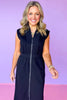 Black Sleeveless Zip Up Midi Dress, front slit, v-neck, elevated casual wear, work dress, church dress, date night, ssys by mallory fitzsimmons
