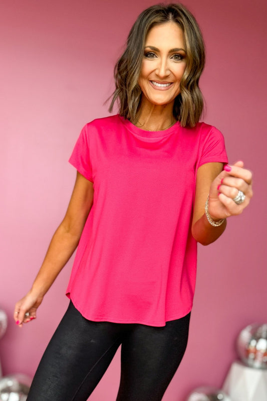  SSYS Hot Pink Honeycomb Short Sleeve Active Top,  ssys the label, athleisure, elevated athleisure, must have top, athletic top, bright top, athletic style, mom style, shop style your senses by mallory fitzsimmons, ssys by mallory fitzsimmons