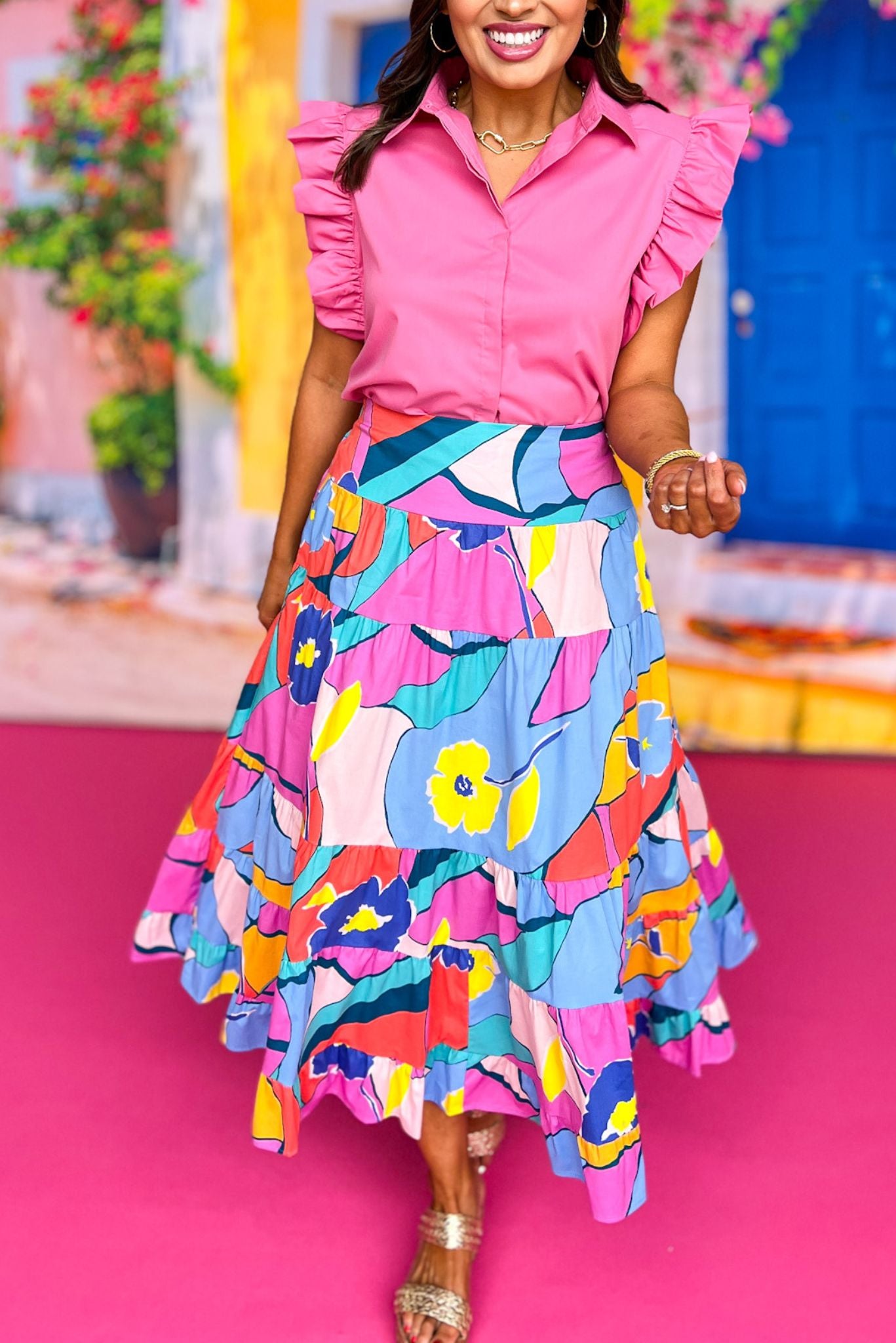 Blue Multi Print Poplin Tiered Maxi Skirt, printed skirt, tropical skirt, elevated skirt, bright skirt, must have skirt, must have print, mom style, spring style, summer style, ssys by Mallory Fitzsimmons