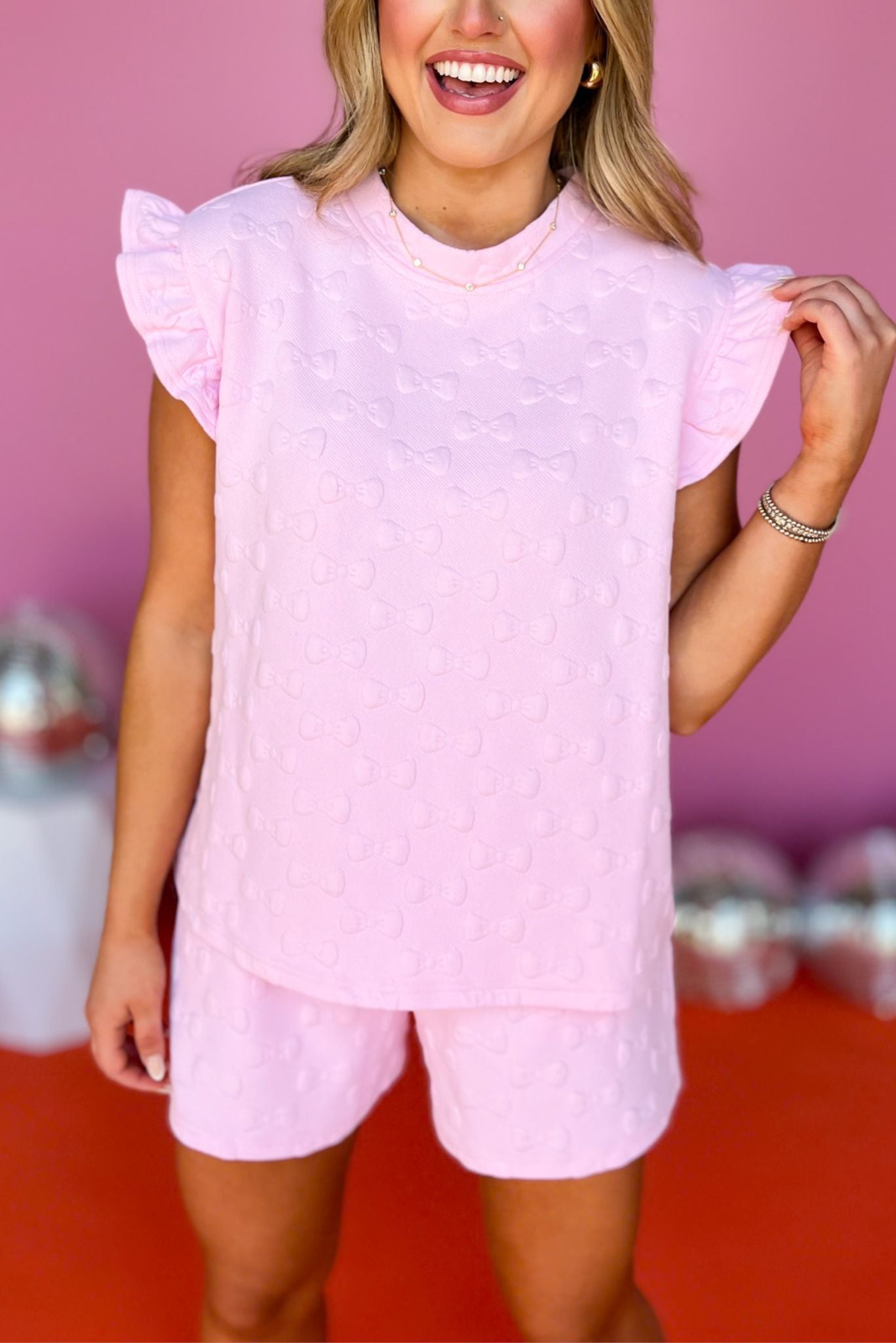 SSYS The Charlie Bow Quilted Ruffle Shoulder Shorts Set In Pink *FINAL SALE*, SSYS THE LABEL, SSYS BOW SETS, MATCHING SET, SATURDAY STEAL, MUST HAVE SET, ELEVATED SET, SUMMER SET, SSYS BY MALLORY FITZSIMMONS  Edit alt text