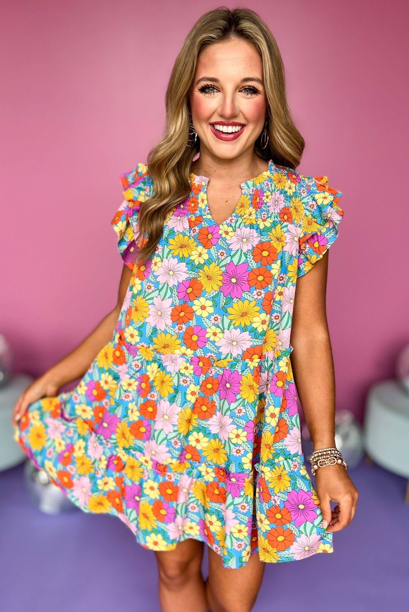 Aqua Floral Printed Smocked V Neck Flutter Sleeve Dress, floral dress, spring dress, must have dress, must have style, church style, brunch style, spring fashion, elevated style, elevated style, mom style, shop style your senses by mallory fitzsimmons, ssys by mallory fitzsimmons Edit alt text