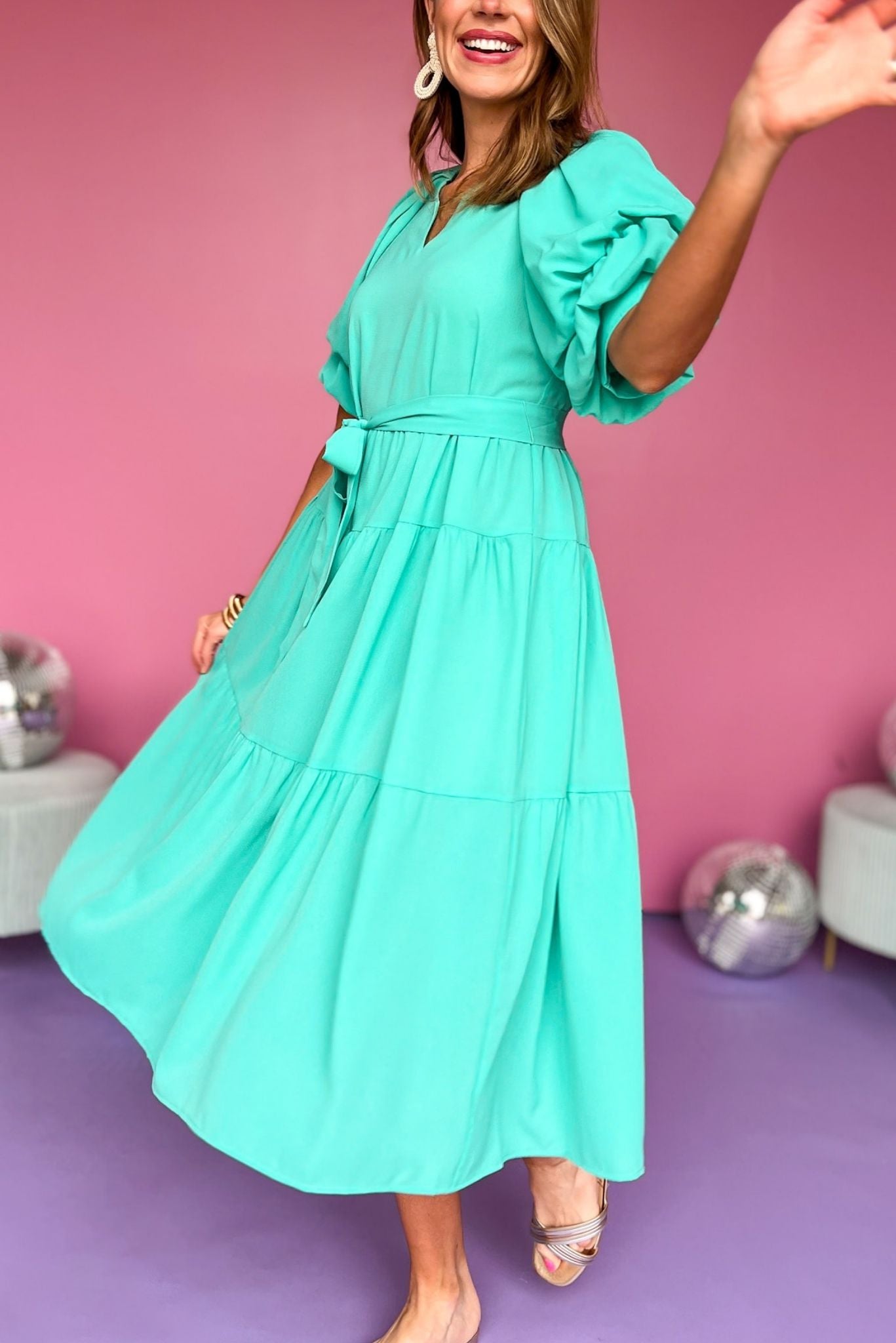 Emerald Split Neck Cuffed Puff Sleeve Waist Belt Tie Tiered Maxi Dress, tie dress, bright dress, must have dress, must have style, church style, brunch style, spring fashion, elevated style, elevated style, mom style, shop style your senses by mallory fitzsimmons, ssys by mallory fitzsimmons  Edit alt text