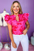 Pink Floral Printed Frilled Split Neck Ruffle Sleeve Top, pink and red top, floral top, ruffle sleeve top, must have top, must have style, brunch style, summer style, spring fashion, elevated style, elevated top, mom style, shop style your senses by mallory fitzsimmons, ssys by mallory fitzsimmons