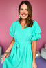 Emerald Split Neck Cuffed Puff Sleeve Waist Belt Tie Tiered Maxi Dress, tie dress, bright dress, must have dress, must have style, church style, brunch style, spring fashion, elevated style, elevated style, mom style, shop style your senses by mallory fitzsimmons, ssys by mallory fitzsimmons  Edit alt text