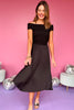 Black Ribbed Off Shoulder Fold Down Neck Pleated Skirt Midi Dress, date night dress, must have dress, must have style, weekend style, brunch style, spring fashion, elevated style, elevated style, mom style, shop style your senses by mallory fitzsimmons, ssys by mallory fitzsimmons