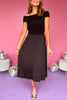 Black Ribbed Off Shoulder Fold Down Neck Pleated Skirt Midi Dress, date night dress, must have dress, must have style, weekend style, brunch style, spring fashion, elevated style, elevated style, mom style, shop style your senses by mallory fitzsimmons, ssys by mallory fitzsimmons