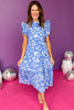 Blue Paint Brush Frill Neck Ruffle Shoulder Tiered Midi Dress, must have dress, must have style, church style, brunch style, spring fashion, elevated style, elevated style, mom style, shop style your senses by mallory fitzsimmons, ssys by mallory fitzsimmons