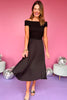 Black Ribbed Off Shoulder Fold Down Neck Pleated Skirt Midi Dress, date night dress, must have dress, must have style, weekend style, brunch style, spring fashion, elevated style, elevated style, mom style, shop style your senses by mallory fitzsimmons, ssys by mallory fitzsimmons