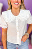 Karlie White Button Front Peter Pan Eyelet Collar Smocked Short Sleeve Top, eyelet collar top, karlie top, must have top, must have style, brunch style, summer style, spring fashion, elevated style, elevated top, mom style, shop style your senses by mallory fitzsimmons, ssys by mallory fitzsimmons