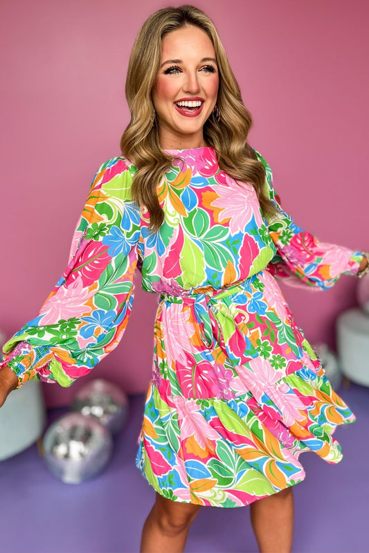  Green Multi Round Neck Long Sleeve Elastic Sash Tie Waist Dress, printed dress, tropical dress, must have dress, must have style, church style, brunch style, spring fashion, elevated style, elevated style, mom style, shop style your senses by mallory fitzsimmons, ssys by mallory fitzsimmons