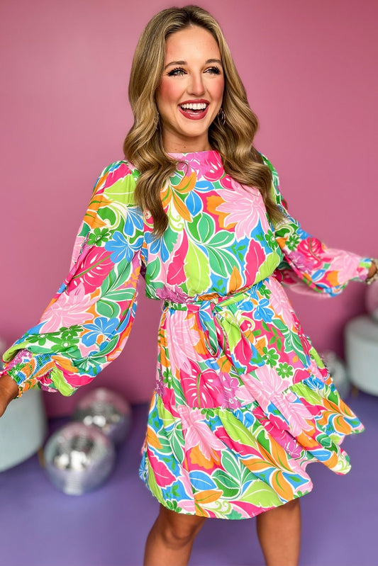 Green Multi Round Neck Long Sleeve Elastic Sash Tie Waist Dress, printed dress, tropical dress, must have dress, must have style, church style, brunch style, spring fashion, elevated style, elevated style, mom style, shop style your senses by mallory fitzsimmons, ssys by mallory fitzsimmons