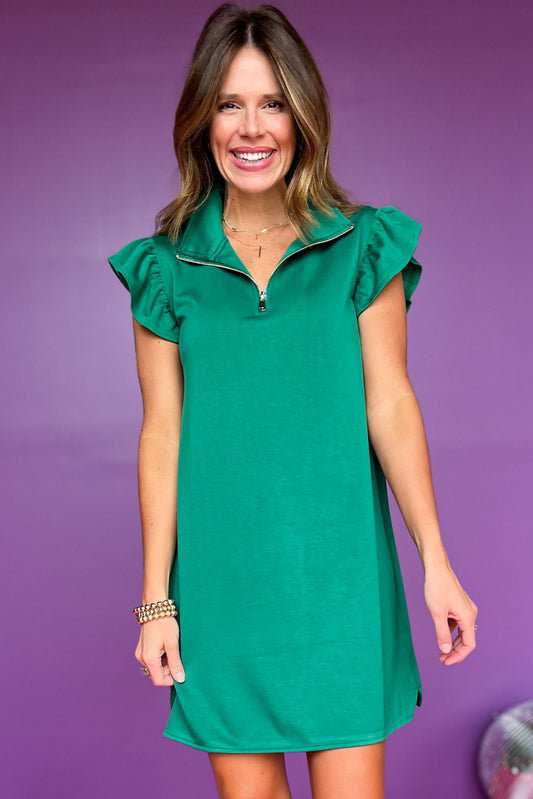 SSYS The Reese Flutter Sleeve Air Dress In Dark Kelly, ssys the label, ssys dress, elevated dress, must have dress, must have basic, lightweight fabric, ruffle dress, elevated style, summer style, summer dress, mom style, shop style your senses by MALLORY FITZSIMMONS, ssys by MALLORY FITZSIMMONS