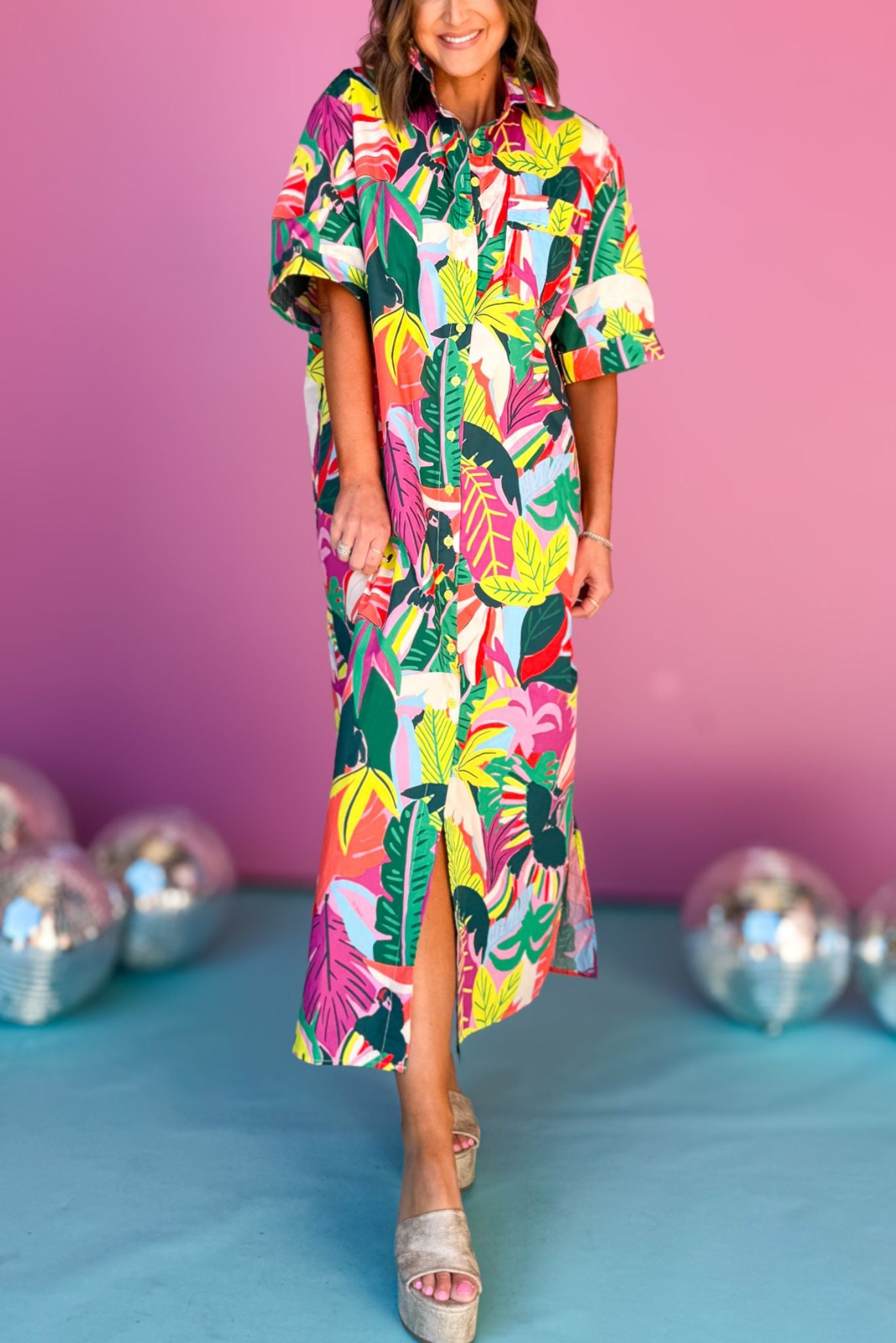 Karlie Green Multi Tropical Print Collared Short Sleeve Button Down Shirt Maxi Dress, must have dress, must have style, summer style, spring fashion, elevated style, elevated dress, mom style, shop style your senses by mallory fitzsimmons, ssys by mallory fitzsimmons