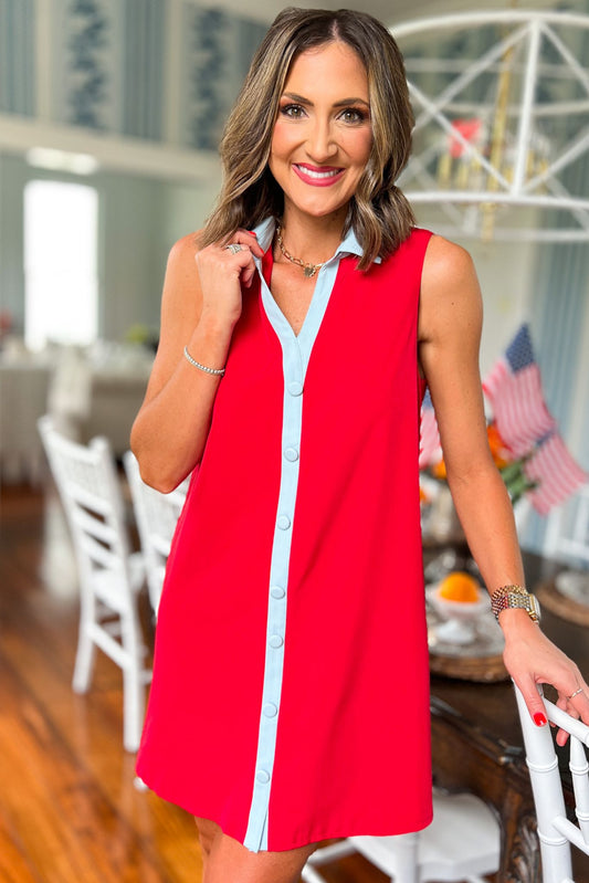 SSYS The Penelope Colorblock Collared Sleeveless Dress In Red, ssys the label, ssys dress, must have dress, elevated dress, mom style, summer style, Fourth of July collection, ssys by mallory fitzsimmons