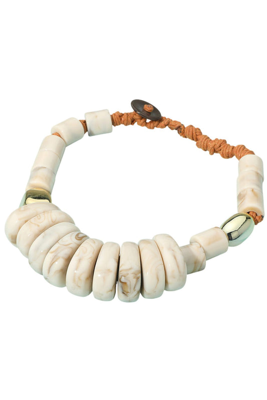 Ivory Beaded Necklace with Brown Cord and Gold Accents
