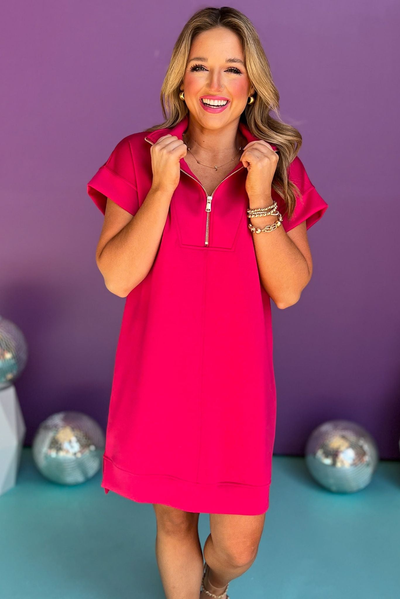 SSYS The Taylor Air 3/4 Zip Dress In Hot Pink, ssys the label, air dress, air fabric, must have dress, spring fashion, affordable fashion, elevated dress, shop style your senses by mallory fitzsimmons, ssys by mallory fitzsimmons