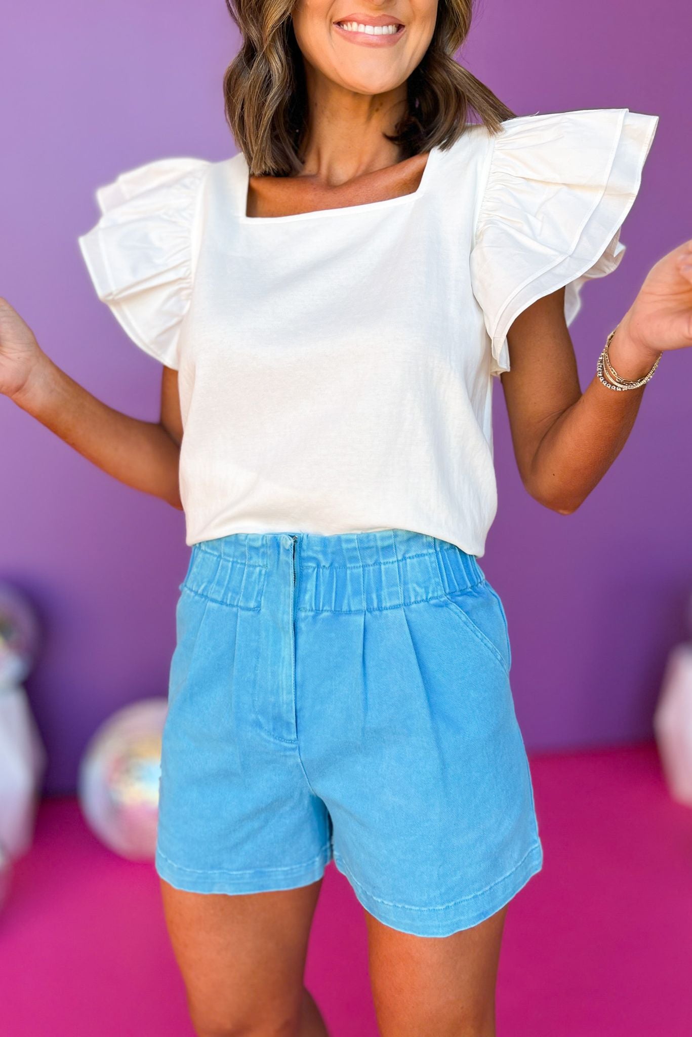 Blue Paperbag Zipper Front Denim Shorts, must have shorts, elevated shorts, spring fashion, spring shorts, mom style, summer fashion, shop style your senses by Mallory Fitzsimmons, ssys by Mallory Fitzsimmons Edit alt text