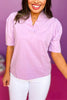 SSYS The Savannah Ruffle Collar 3/4 Sleeve Top In Lilac, ssys the label, ssys top, savannah top, must have top, ruffle neck top, elevated top, mom style, spring style, summer style, shop style your senses by Mallory Fitzsimmons, ssys by Mallory Fitzsimmons  Edit alt text