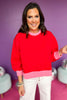 SSYS The Sloan Colorblock Bubble Sleeve Sweatshirt In Red, SSYS the label, must have sweatshirt, colorblock sweatshirt, elevated style, elevated sweatshirt, must have style, casual style, mom style, shop style your senses by mallory fitzsimmons