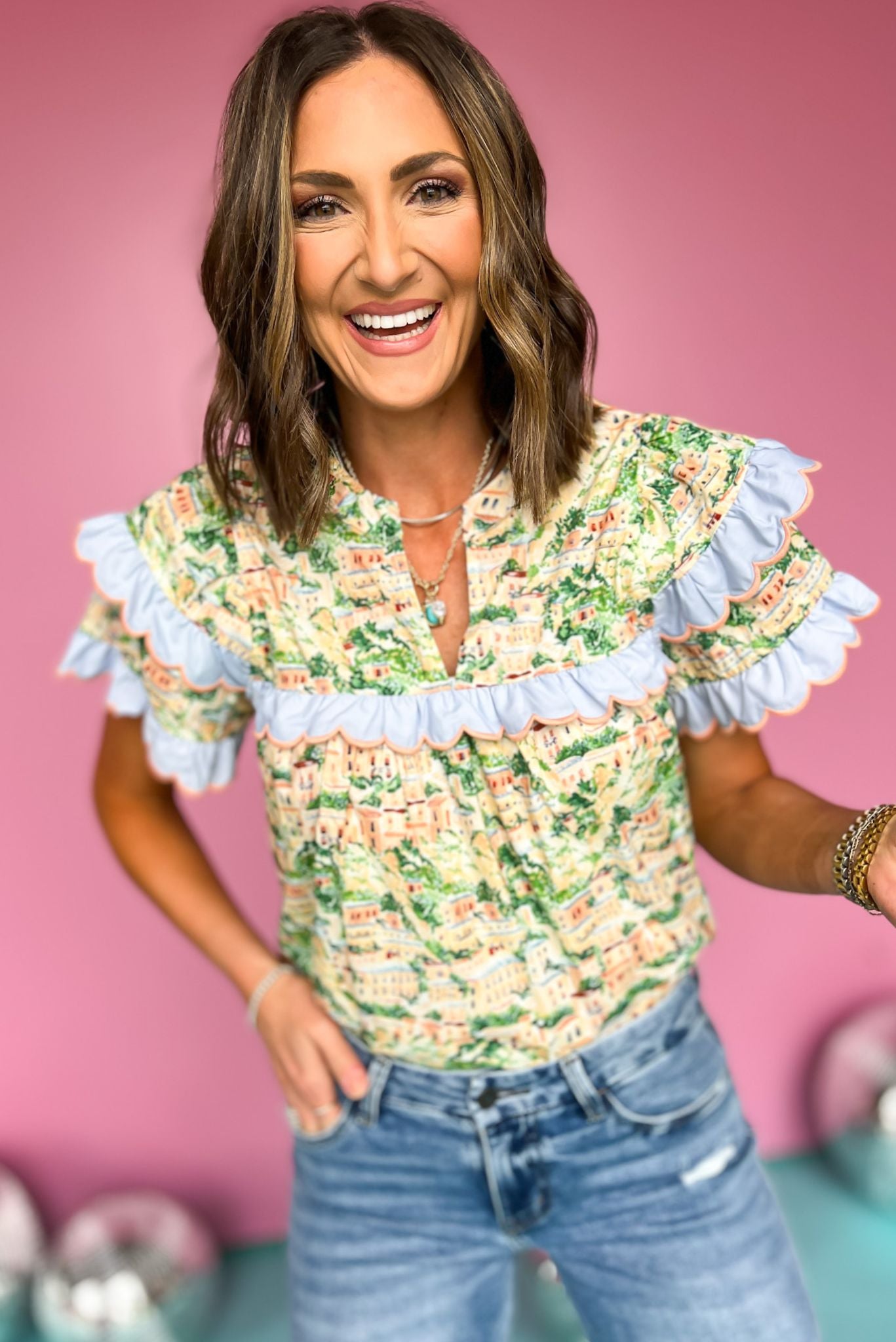 Peach Multi Floral Contrast Scallop Detail Double Ruffle Sleeve Top, top, short sleeve top, ruffle sleeve, ruffle sleeve top, scallop detail, scallop detail top, double ruffle, double ruffle sleeve, double ruffle sleeve top, peach print, peach printed top, peach multi floral print, peach multi floral printed top, must have top, elevated top, elevated style, summer top, summer style, Shop Style Your Senses by Mallory Fitzsimmons, SSYS by Mallory Fitzsimmons