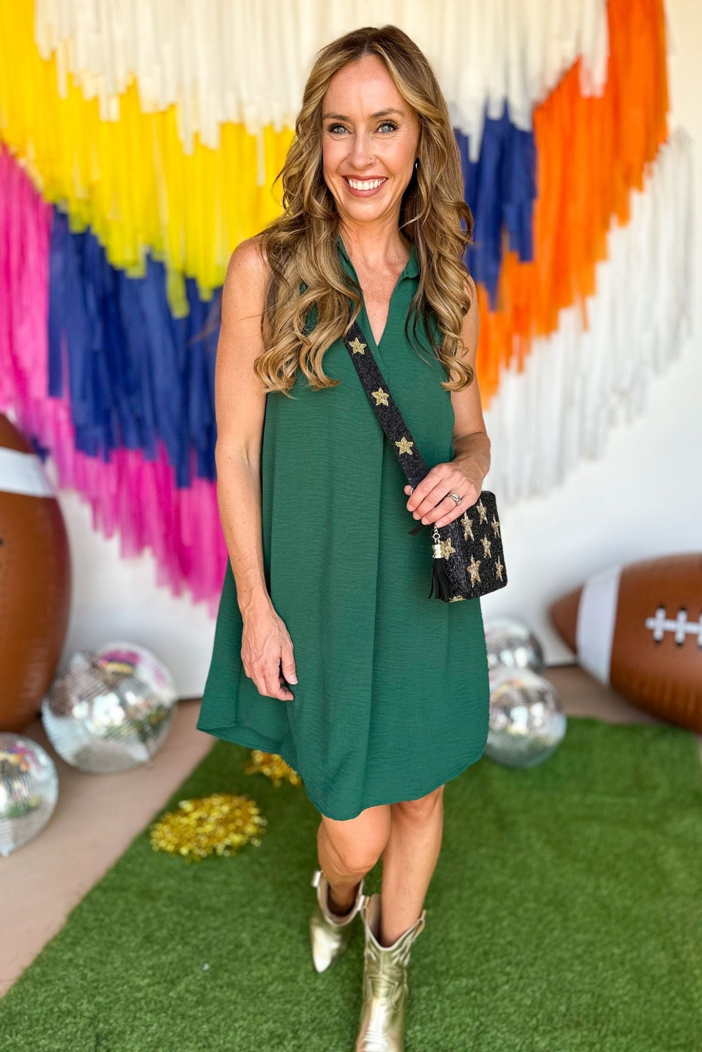 SSYS Green Sleeveless Collared Crepe Dress, game day dress, game day style, easy fit, elevated style, mom style, shop style your senses by mallory fitzsimmons