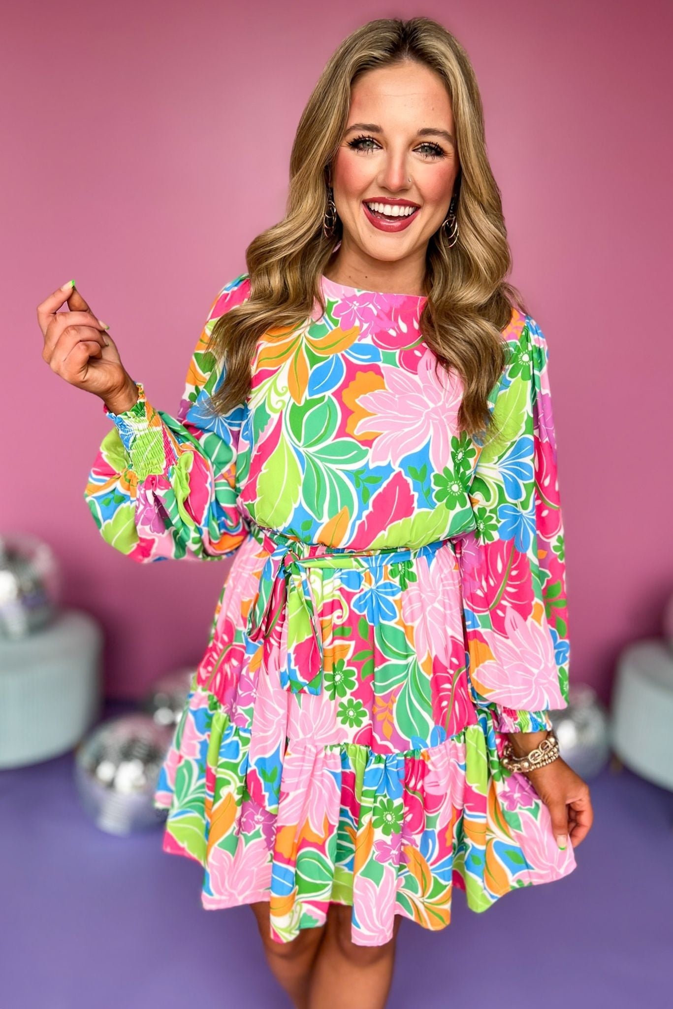 Green Multi Round Neck Long Sleeve Elastic Sash Tie Waist Dress, printed dress, tropical dress, must have dress, must have style, church style, brunch style, spring fashion, elevated style, elevated style, mom style, shop style your senses by mallory fitzsimmons, ssys by mallory fitzsimmons Edit alt text