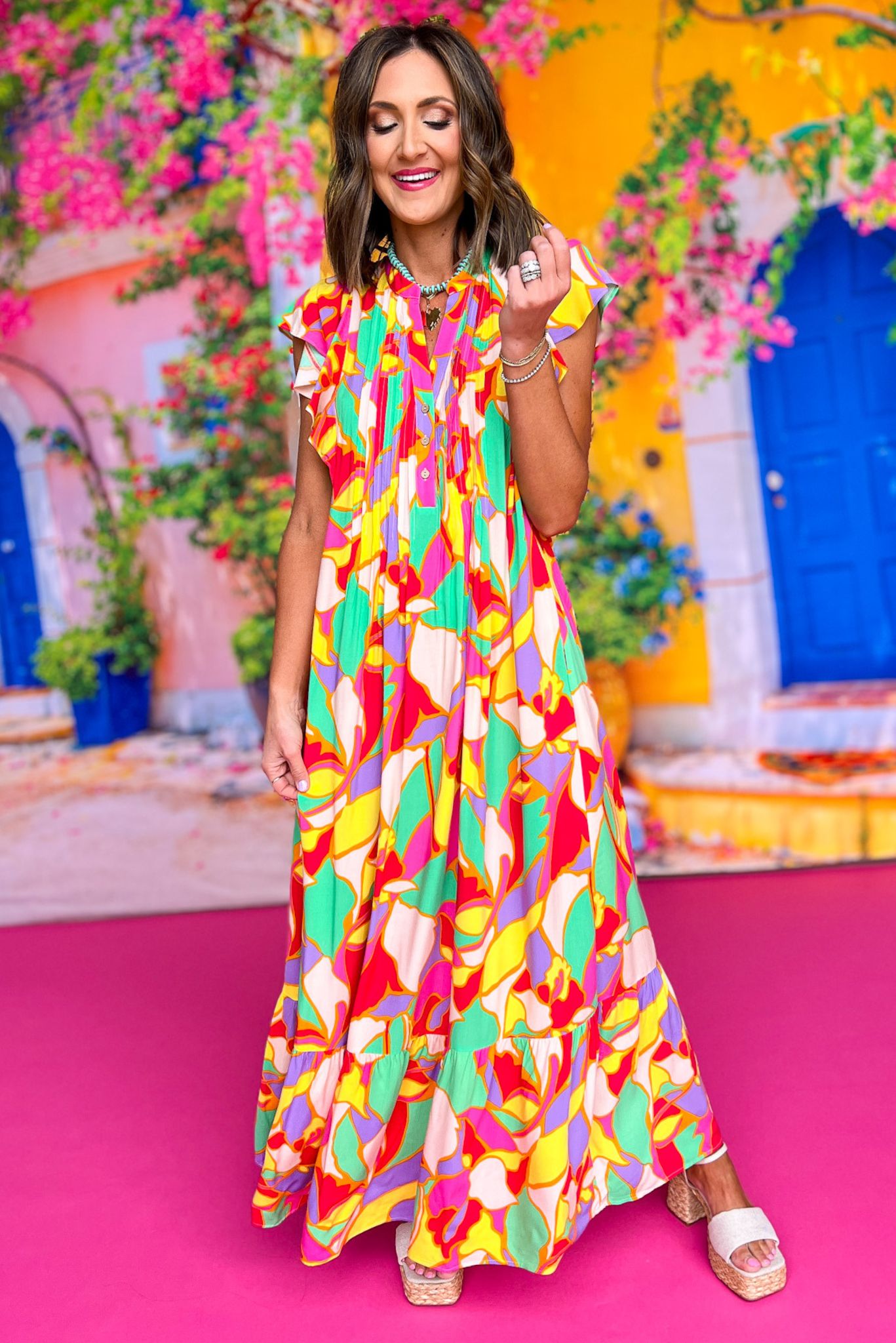 Pink Multi Printed Flutter Cap Sleeve V Neck Maxi Dress, printed dress, summer dress, spring dress, elevated dress, mom style, summer style, ssys by Mallory Fitzsimmons