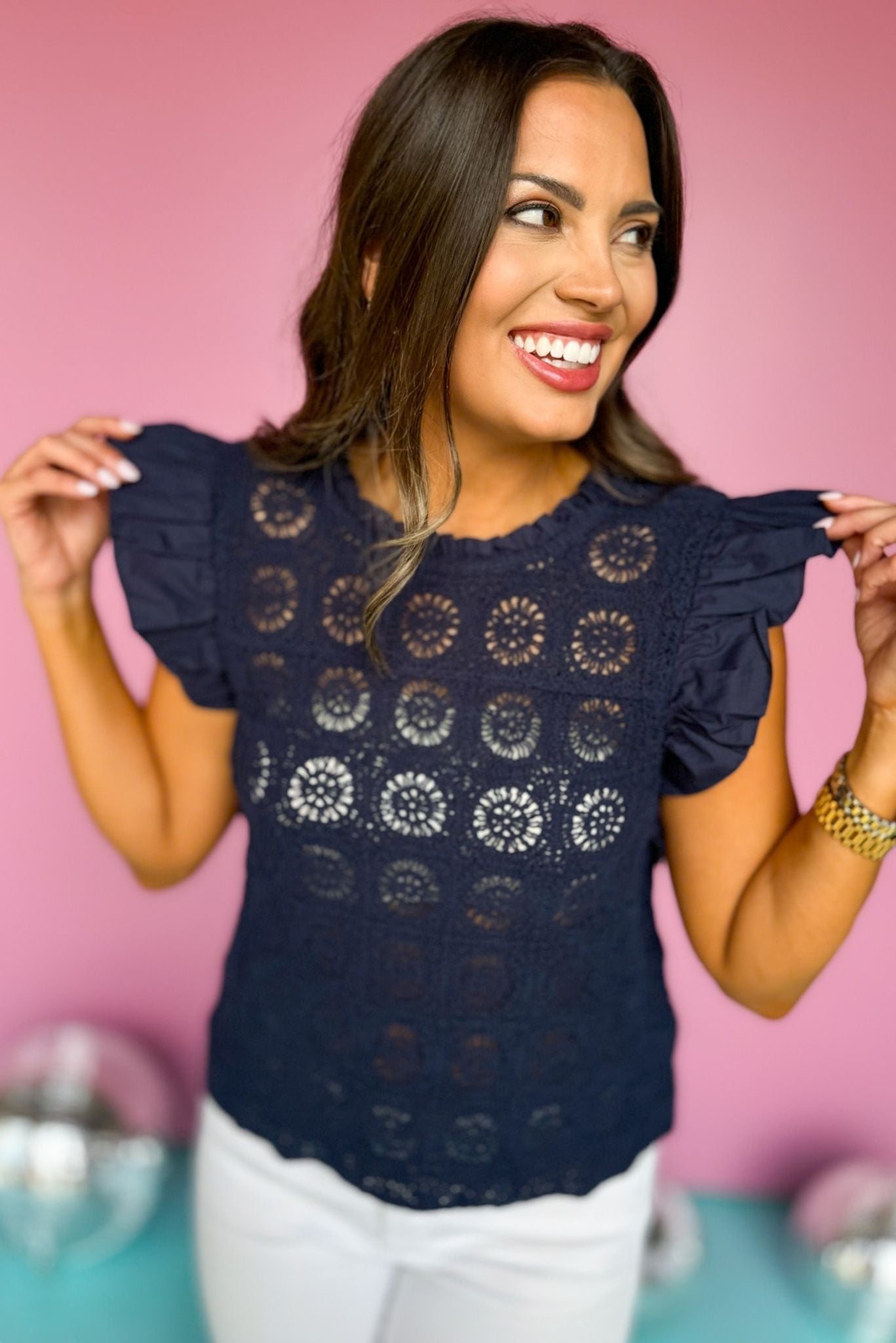 Navy Frill Neck Flutter Sleeve Crochet Top, crochet top, ruffle top, must have top, must have style, summer style, spring fashion, elevated style, elevated top, mom style, shop style your senses by mallory fitzsimmons, ssys by mallory fitzsimmons Edit alt text