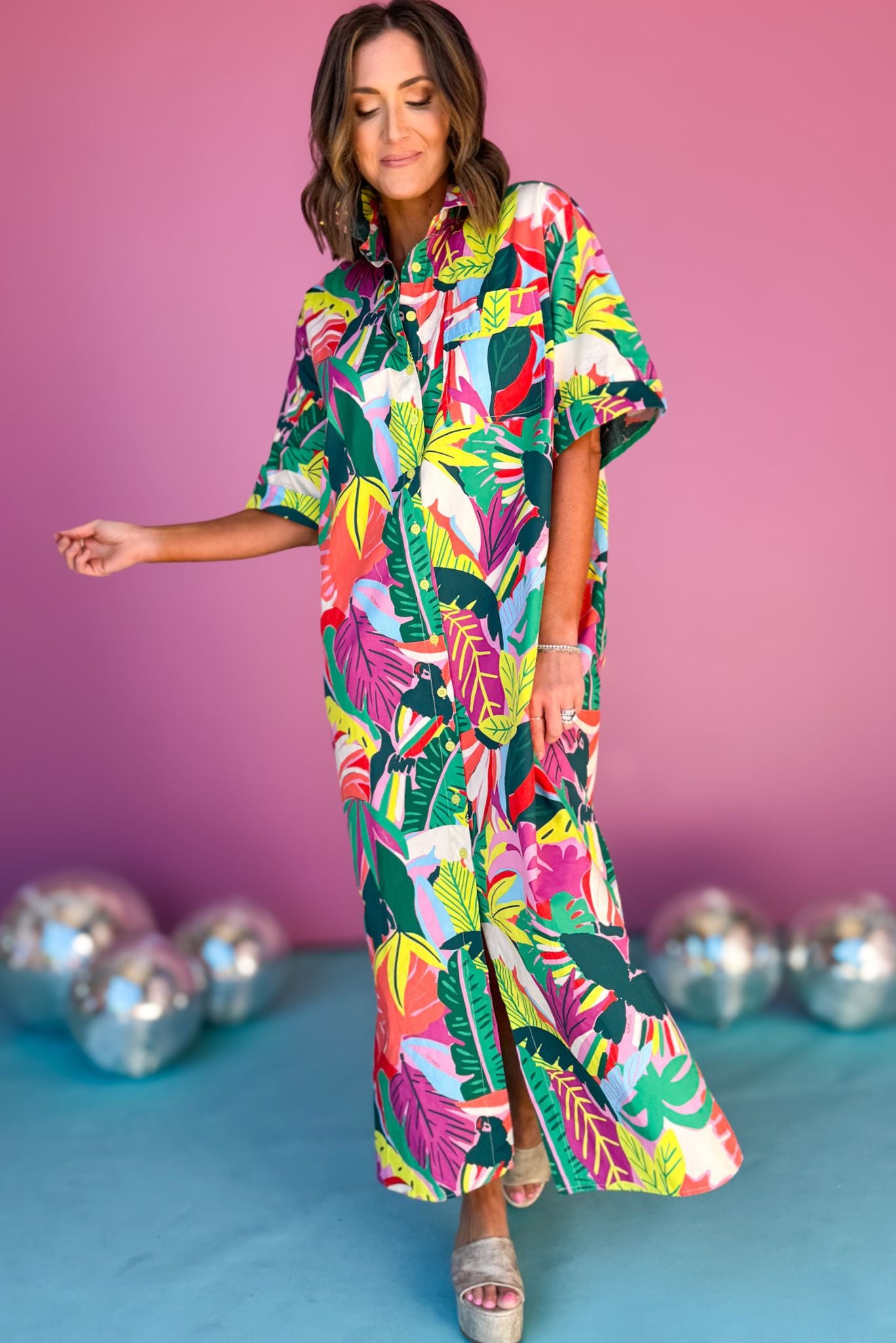 Karlie Green Multi Tropical Print Collared Short Sleeve Button Down Shirt Maxi Dress, must have dress, must have style, summer style, spring fashion, elevated style, elevated dress, mom style, shop style your senses by mallory fitzsimmons, ssys by mallory fitzsimmons