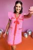 Pink V Neck Ruffle Sleeve Contrast Ribbon Detailed Tweed Dress. classy dress, tweed dress, must have dress, must have style, weekend style, brunch style, spring fashion, elevated style, elevated style, mom style, shop style your senses by mallory fitzsimmons, ssys by mallory fitzsimmons  Edit alt text