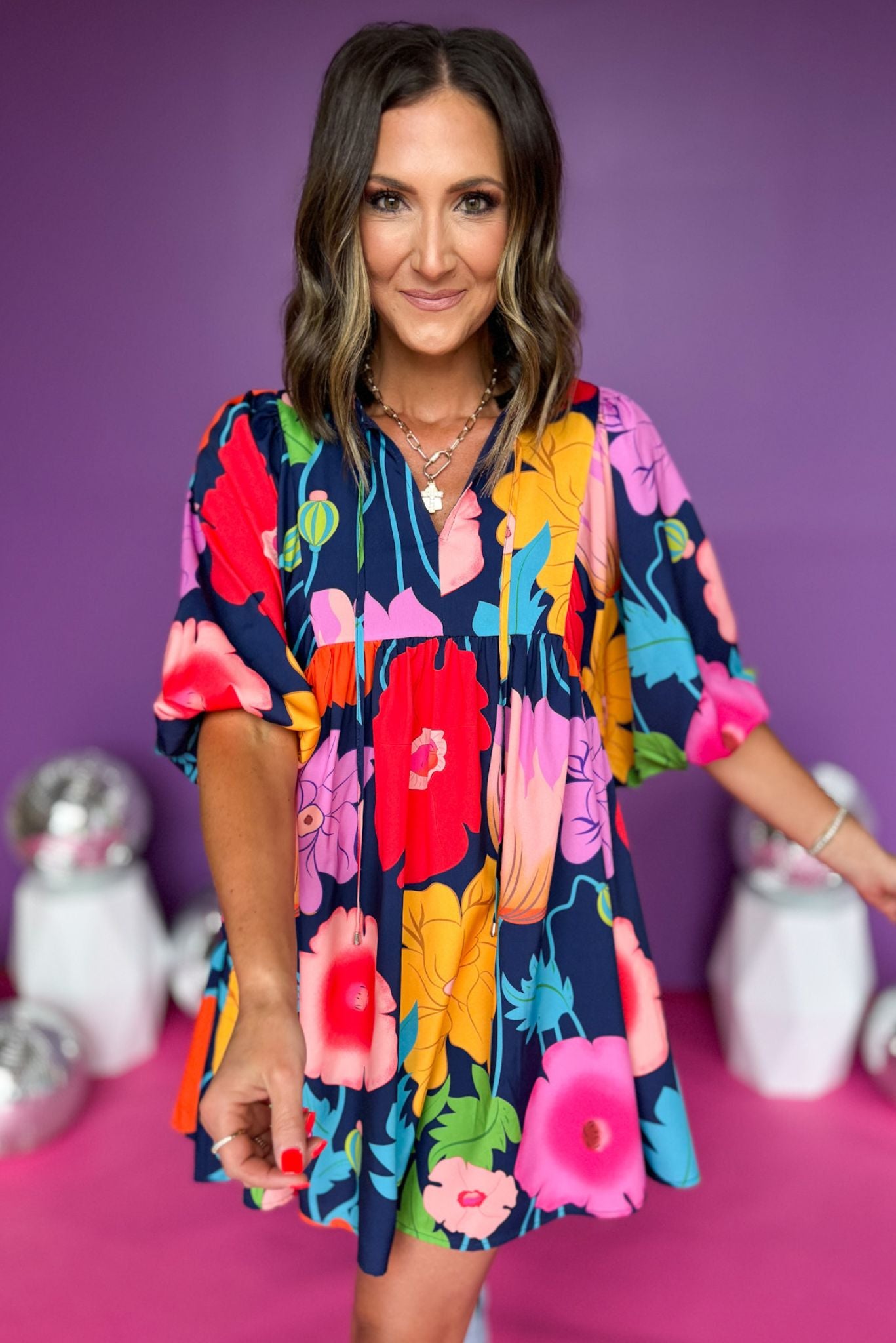 Navy Floral Printed Split Neck Tie Babydoll Dress