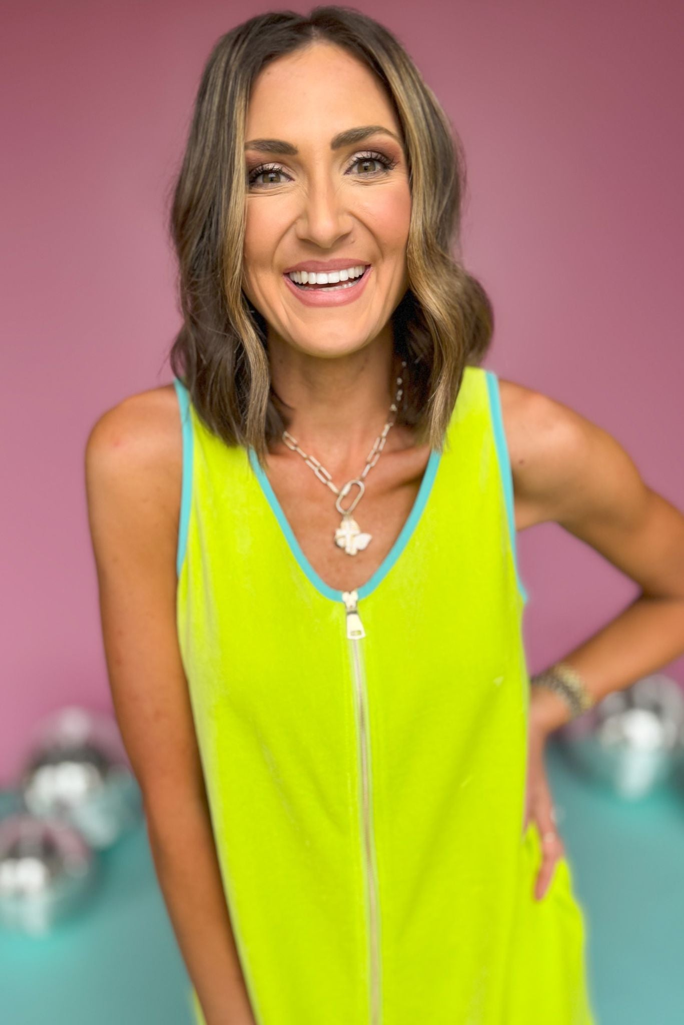 SSYS The Sleeveless Get Ready Robe™ In Lime Aqua Blue, robe, get ready robe, sleeveless robe, lime robe, aqua blue detail robe, scallop detail robe, gold zipper detail robe, must have robe, elevated robe, elevated style, summer robe, summer style, Shop Style Your Senses by Mallory Fitzsimmons, SSYS by Mallory Fitzsimmons