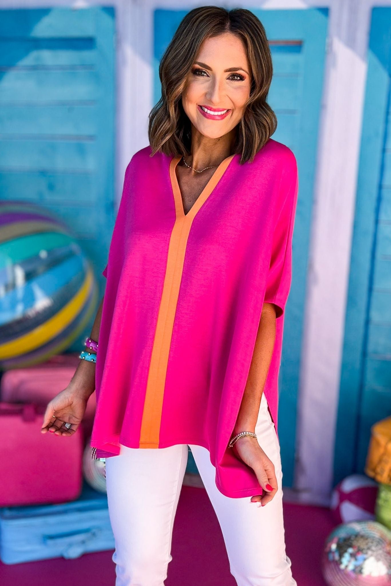 SSYS The Harper Colorblock Tent Top In Pink, ssys the label, spring break top, spring break style, spring fashion affordable fashion, elevated style, bright style, bright top, mom style, shop style your senses by mallory fitzsimmons, ssys by mallory fitzsimmons